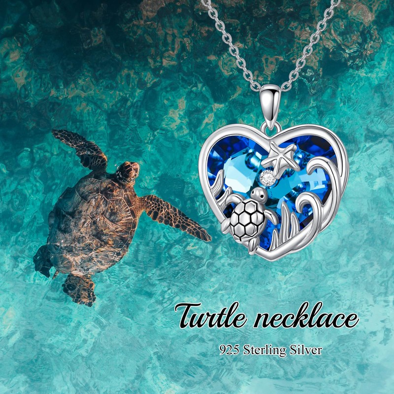 VONALA Heart Crystal Turtle Pendant Necklace Women's Silver 925 Sea