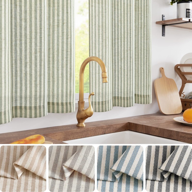 TOPICK Green Striped Small Curtains 24 Inch Drop Linen Kitchen