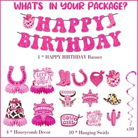 Western Cowgirl Birthday Party Decorations - 16 Pcs Pink Disco Bachelorette Decoration Including Happy Birthday Banner Cowgirls Hat Hanging Swirls Honeycomb Centerpiece for Bridal Shower Supplies