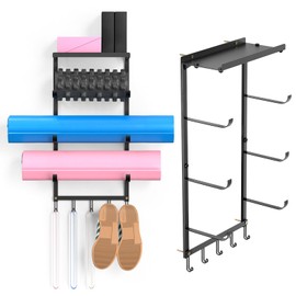 Puretalon Yoga Mat Holder Wall Mount Iron Upgraded Home Gym Storage Rack for Yoga Mats/Wheels with 3-Tiers Yoga Mat Rack, Metal Board, 5 Hooks for Stretching Strap & Resistance Bands