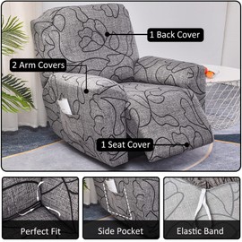 NILUOH Stretch Recliner Cover 4 Pieces Electric Power Lift Recliner Chair Cover Reclining Couch Cover Anti-Slip Fitted Furniture Protector with Side Pocket