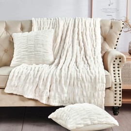 BYTIDE Ruched Faux Fur 60" x 80" Plush Throw Blanket with Two 20" x 20" Pillow Covers (NO Insert) 3 Pcs Set, Soft Fuzzy Furry Throw with Velvet Back for Couch Bed Chair, Cream