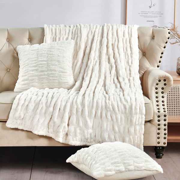 BYTIDE Ruched Faux Fur 60" x 80" Plush Throw Blanket