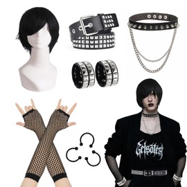 ATAYOU 10PCS Emo Boy Cospaly Costume Accessories Kit 2000s Themed Party Outfits with Black Wig Chocker Belt Nose Gloves Bracelets