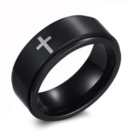 Spinner Cross Rings for Men, Silver/Black Anxiety Fidget Rings Men, Mens Rings Stainless Steel for Stress Relieving, Promise Ring for Women Size 6-12 (Black Cross Ring, 8)