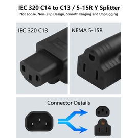CERRXIAN IEC 320 C14 to C13 / 5-15R Y Splitter Plug Cord 15A / 125V C13 Male to Nema 5-15R Female + C5 Female Splitter Adapter Cable - 1ft / 0.3m