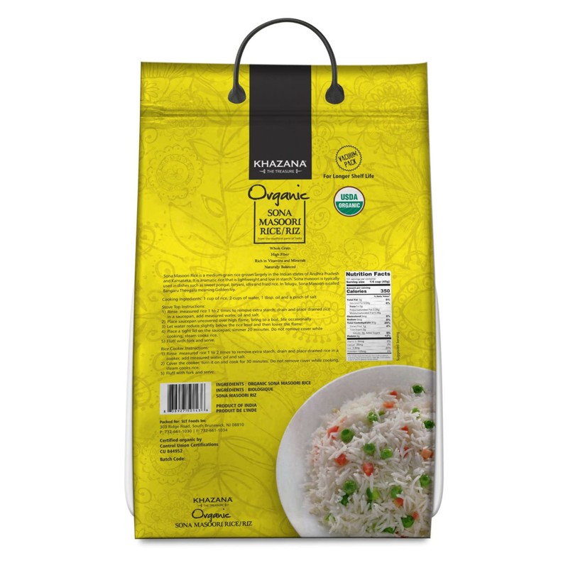 Organic Sona Masoori Rice by Khazana in 10 lb Bag