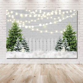 MEHOFOND 8x6ft Winter Christmas Backdrop White Brick Wall Fence Cedar Outdoor Snow Scene Photography Background Xmas Party Decoration Banner Portrait Photo Booth Studio Props