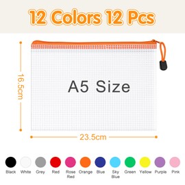 WISYOK 12pcs A5 Plastic Wallets Zip, Zip Lock Bags Mesh, Plastic Folders, Document Wallets, Zip Folders, Zipper File Bags for Office, School, Travel, Home (23.5x16.5cm, 12 Colors)