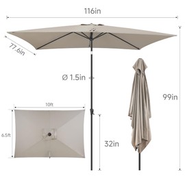 AckMizz 6.5 x 10 ft Rectangular Patio Umbrella - Rectangle Umbrella Outdoor with Tilt and Crank, UV Protection, Table Umbrella for Deck, Backyard, Pool and Beach(Taupe)