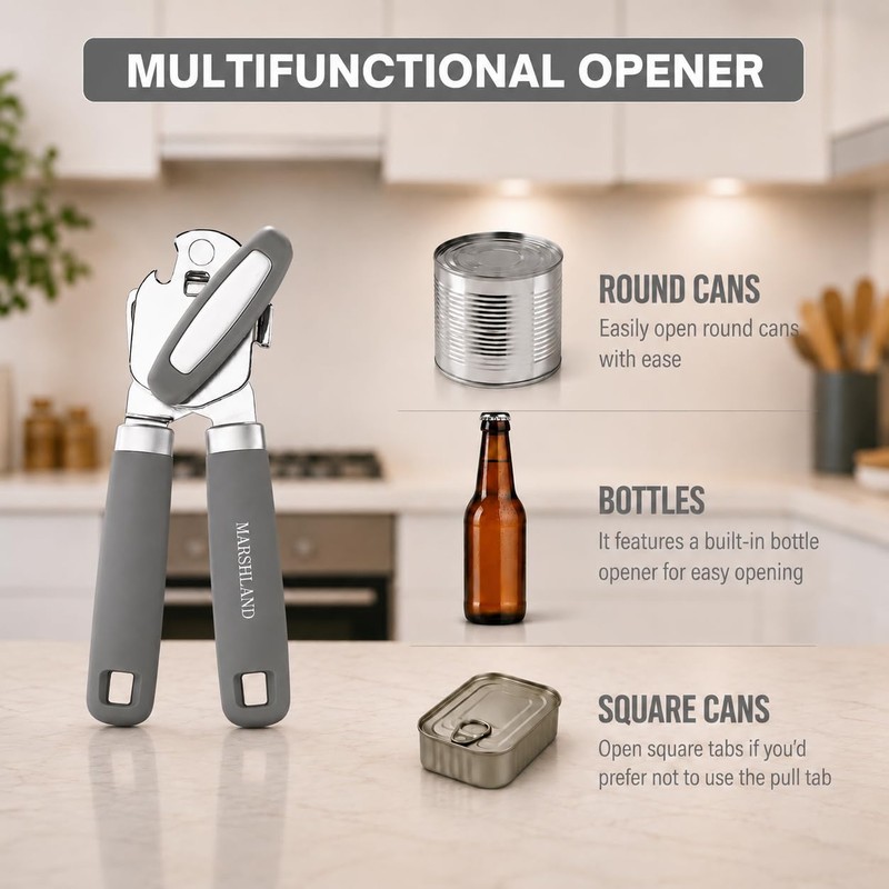 Marshland Tin Opener UK - Stainless Steel Soft Handled Manual-Magnetic