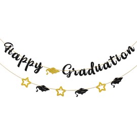 Halawawa Black Glitter Happy Graduation Banner, Class of 2023 Graduation Party Bunting Decor, Senior/High School/College Graduation Party Supplies