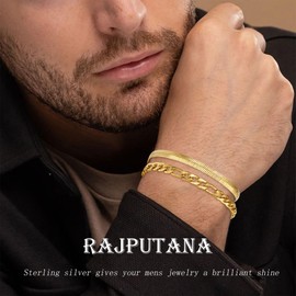 Rajputana Gold Chain Bracelets for Men Boys, S925 Sterling Silver Wrist Band Cuban Figaro Chains Metal Link Bracelet Set Stack Mens Accessories Jewelry Gifts Him Male Oro Pulsera Para Hombres 6.5 inch