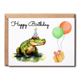 SNMDesigns Alligator Birthday Card - Alligator With Bday Hat - Fun Animal Card - 5 x 7 inches