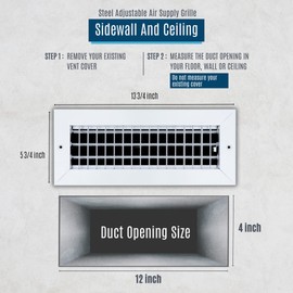Fits 12x4 Duct Opening Steel Adjustable Air Supply Grille by Handua | Register Vent Cover Grill for Sidewall and Ceiling | White | Outer Dimensions: 13.75" X 5.75"