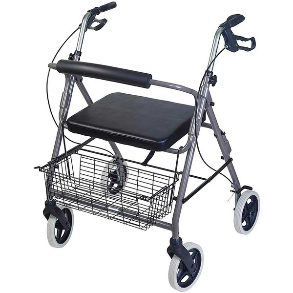DMI Rollator Walker with Extra Wide Seat and Backrest, Adjustable Handle, FSA and HSA Eligible, Storage Basket and Durable Lightweight Frame That Folds while Supporting up to 375 pounds, Titanium