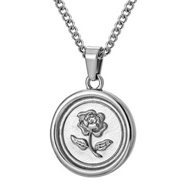 murtoo Rose Pendant Necklace for Men, Silver Stainless Steel Necklace with Carved Rose Pendant for Men and Women, Rose Flower Necklace (24+2 inch, silver)
