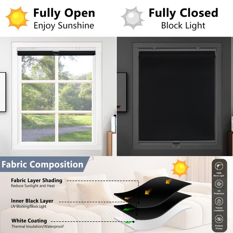 SHADEMOON Cordless Blackout Window Roller Shades, Pull Down Spring System