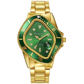 MASTOP Unique Watches for Men Waterproof Stainless Steel Wristwatch with Luminous Quartz Movement Calendar Function and Green Dial Perfect Men's Gift (Gold Green)