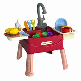Play Sink with Running Water For Toddlers,Pretend Kitchen Toys for Kids with Tableware Accessories Vegetable Fruit,Pretend Role Play Dishwasher Toy with Tap,Gifts for Boys Girl,Red