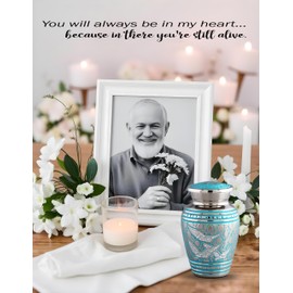 Small Keepsake Cremation Urns for Human Ashes - Beautifully Engraved Silver Metal Mini Urn - Pet Urn - Sharing Memorial Urn with Heart Shaped Velvet Case, Bag & Funnel (Blue Birds)