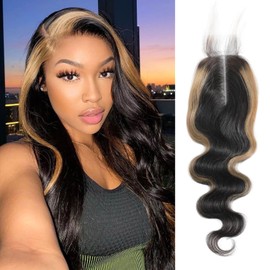 AUROO #27 Skunk Stripe 2x6 HD Lace Closure Only Human Hair Body Wave, 10A Honey Blonde Highlight Long Deep Middle Part 2 by 6 Kim K Transparent Lace Closure Pre Plucked Remy Hair (150% Density, 14 IN)