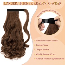 Felendy 18" Ponytail Extension Curly Wavy Clip in Hairpiece Wrap Around Long Pony Tails Hair Extensions Synthetic for Women Light Chestnut Brown