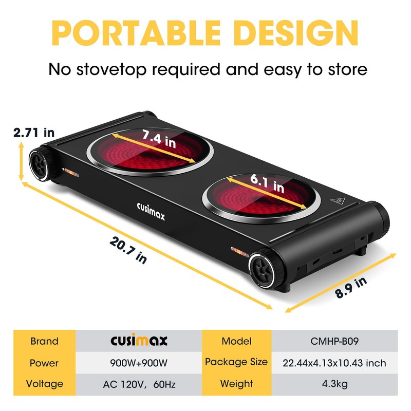 CUSIMAX Hot Plate,Portable Electric Stove Top Burner,1800W Double Infrared Cooktop