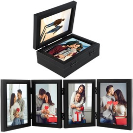 Photo Frame Hold 4 Photos, 4x6 Hinged Folding Wood Picture Frame with Glass Front Stand Vertical on Desktop for Display (black)