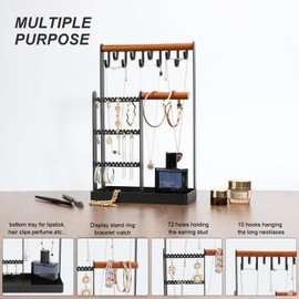 V-LAFUY Jewelry Organizer Stand Jewelry Tower Display Holder, 4-Tier Jewelry Tower Rack, 10 Hooks Necklaces Hanger Jewelry Stand with 72 Holes for Earring Holder - Modern Black