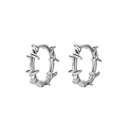 Rhodium on Sterling Silver Twisted Thorn Branch Barb Wire Circle Hoop Sleeper Unisex Earrings