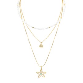 Multilayered Gold Starfish Pendant Necklace for Women Dangle Shell Charm Pearl Choker Necklace Adjustable Chain Layered Gold Plated Hollow Sea Star Necklace Summer Beach Ocean Jewelry Gift for Her