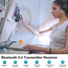 Bluetooth V5.4 Adapter for TV Audio to Headphones, 2-in-1 Bluetooth Transmitter Receiver with 3.5 mm AUX Jack with 14 Hours Playtime for Aircraft, TV, PC, Car Radio, Stereo System, Headset