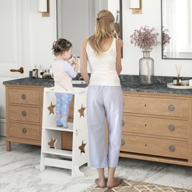 Qaba 2 in 1 Toddler Tower, Toddler Step Stool, Kids Kitchen Stool Helper with Safety Rail, Bathroom, Sink, Kitchen & Counter Step Stool for Toddlers 3-6 Years, White