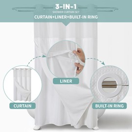 eachope Stall White No Hook Waffle Weave Shower Curtain with snap-in Liner Replacement, 230GSM Waterproof Fabric Hotel Shower Curtain Set for Bathroom, Through Mesh Top Window,54Wx80H