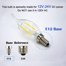 OPALRAY Low Voltage 12V LED Candelabra Bulb, 2W Dimmable with DC Dimmer, Warm White Light, E12 Small Base, 25W Incandescent Replacement, Solar System 12V-24V DC Power, Clear Glass Flame Tip, 5 Pack