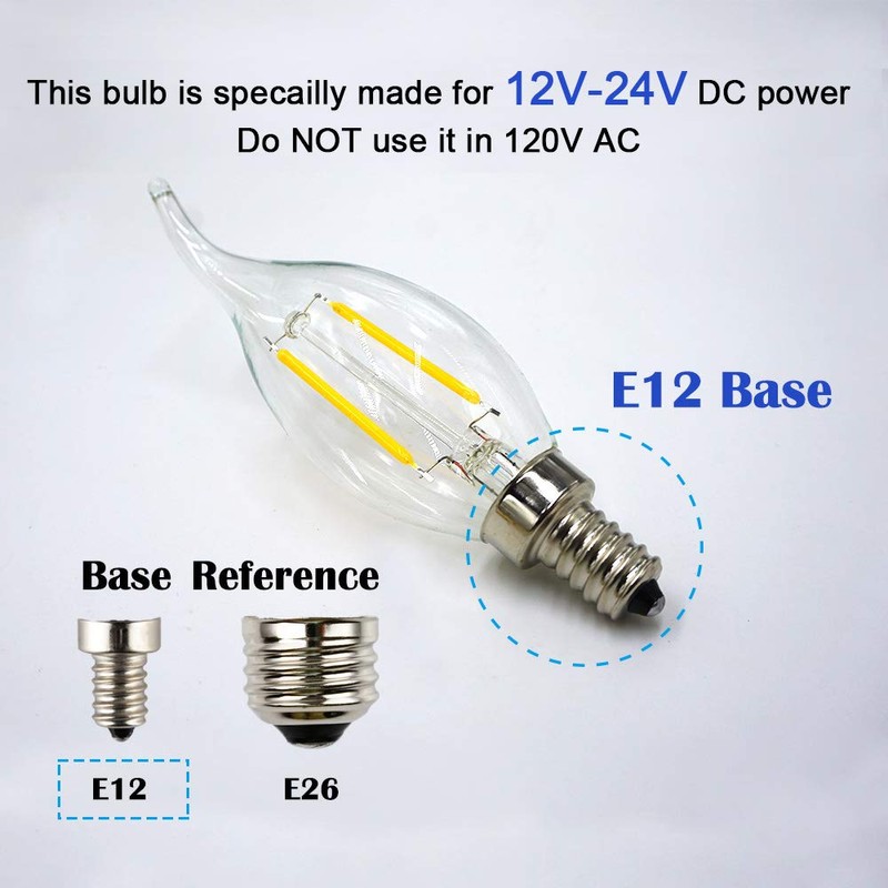 OPALRAY Low Voltage 12V LED Candelabra Bulb, 2W Dimmable with