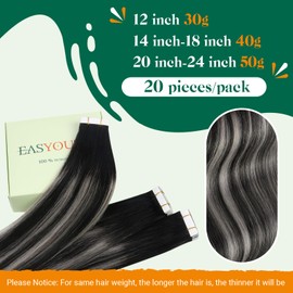 Easyouth Tape Hair Extensions Real Human Hair Black Ombre Human Hair Tape in Extensions Silver Balayage Hair Extensions Tape in Real Hair Black to Silver 14 Inch 40g 20Pcs
