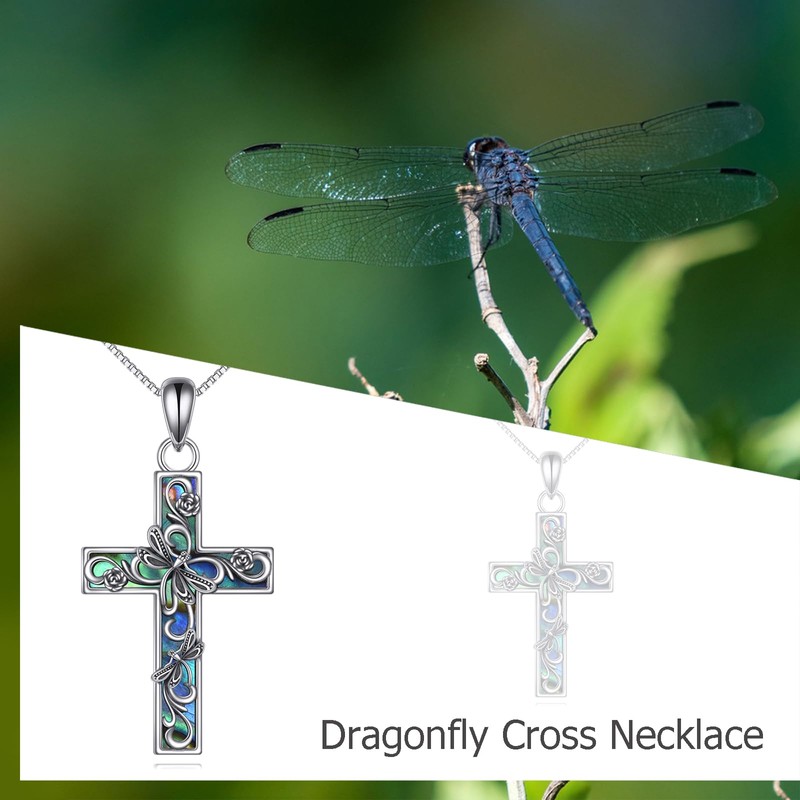 YAFEINI Cross Necklace Sterling Silver Dragonfly Cross Pendant Necklace Religious