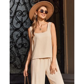 Ekouear Women's 2 Piece Outfits Sleeveless Top Capri Pants Matching Lounge Set Vacation Clothes,Champagne,Large