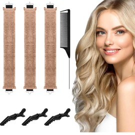 Lockenwickler ohne Hitze, 7 Stück Heatless Curler für die Nacht, lange Lockenwickler für Locken, große Lockenwickler, weiche Lockenwickler zum Schlafen, welliges Haar mit Haken und Clips (Beige)