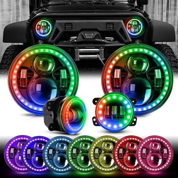 7 Inch RGB Halo Wrangler LED Headlight & 4 Inch RGB Fog Lights Amber Turn Signal, Bluetooth APP Control Custom Colors, Compatible with Wrangler 1997-2018 JKU JK TJ LJ
