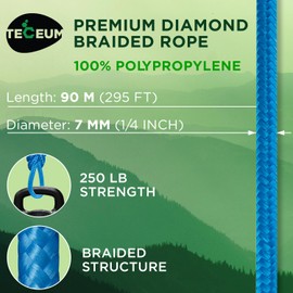 TECEUM Rope – 90 Feet x 1/4 Inch (7mm) – Yellow – Strong All-Purpose Utility Rope – Camping, Crafting, Flag Pole, Indoor & Outdoor – Polypropylene Nylon Poly Lightweight Diamond Braided Cord