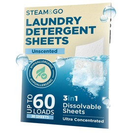 Steam & Go 3-in-1 Dissolvable Laundry Detergent Sheets - Hypoallergenic & Fragrance-Free - Unscented, 30 Count