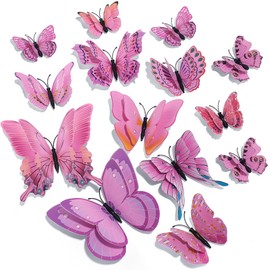 SAOROPEB 3D Butterfly Wall Decor, 24 Pcs Double Layer Butterfly Decorations for Party Decorations Locker Decor Refrigerator Decal, Reusable (Pink)