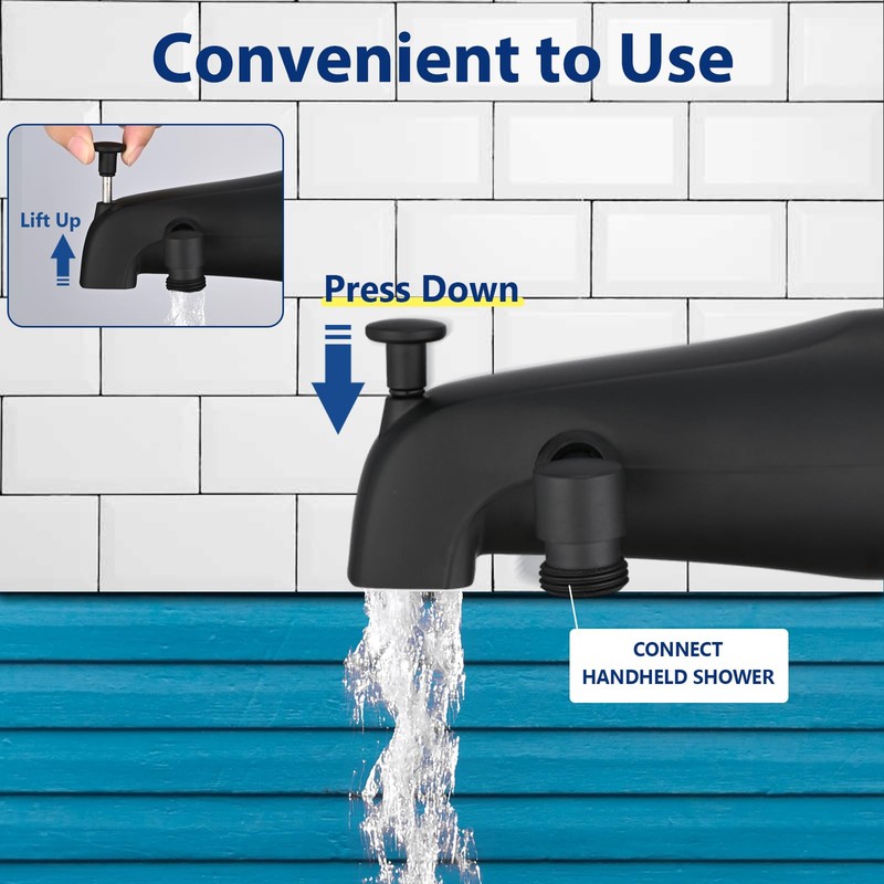 All Metal Tub Spout with Diverter Matte Black, Fits Threaded