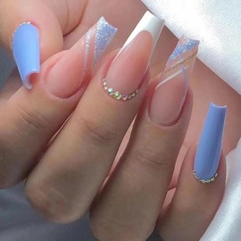 MISUD Press on Nails Long Coffin Fake Nails Glossy Glue on Nails Summer Blue Acrylic Nails Ballerina Artificial Nails Rhinestone Stick on False Nails with Bling Glitter Design 24 pcs