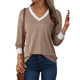 Dokotoo Womens Long Sleeve Tops Fall Tops Casual Soft Tunic V Neck Basic Oversized T Shirts Clothes Fashion Outfits 2025 Khaki M