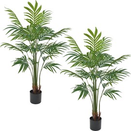 4FT Artificial Palm Tree 2 Pack Fake Plants Tall Faux Tropical Plant with Trunks Black in Pot for Home Office Outside Patio Porch Indoor Outdoor