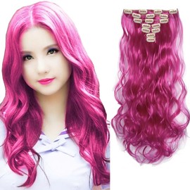 LaLuLoLi 20" 100g Wavy Curly Synthetic Hairpiece #8D Shocking Pink Color Hair Extension Clip in 7Pcs Full Head 16 Clips ins on Hair Extensions for Women Party Gift Cosplay